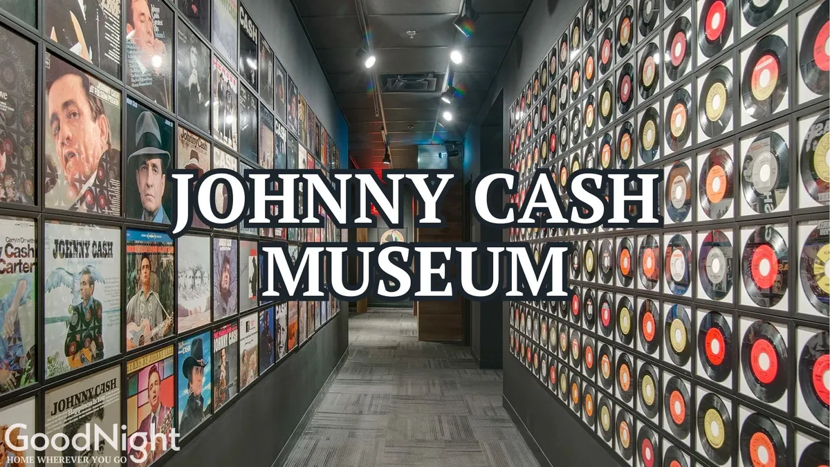 The image features walls adorned with album covers and vinyl records, with clear signage for the Johnny Cash Museum. The space is filled with memorabilia inviting exploration, and the mood captures the spirit of Nashville's iconic music history.
