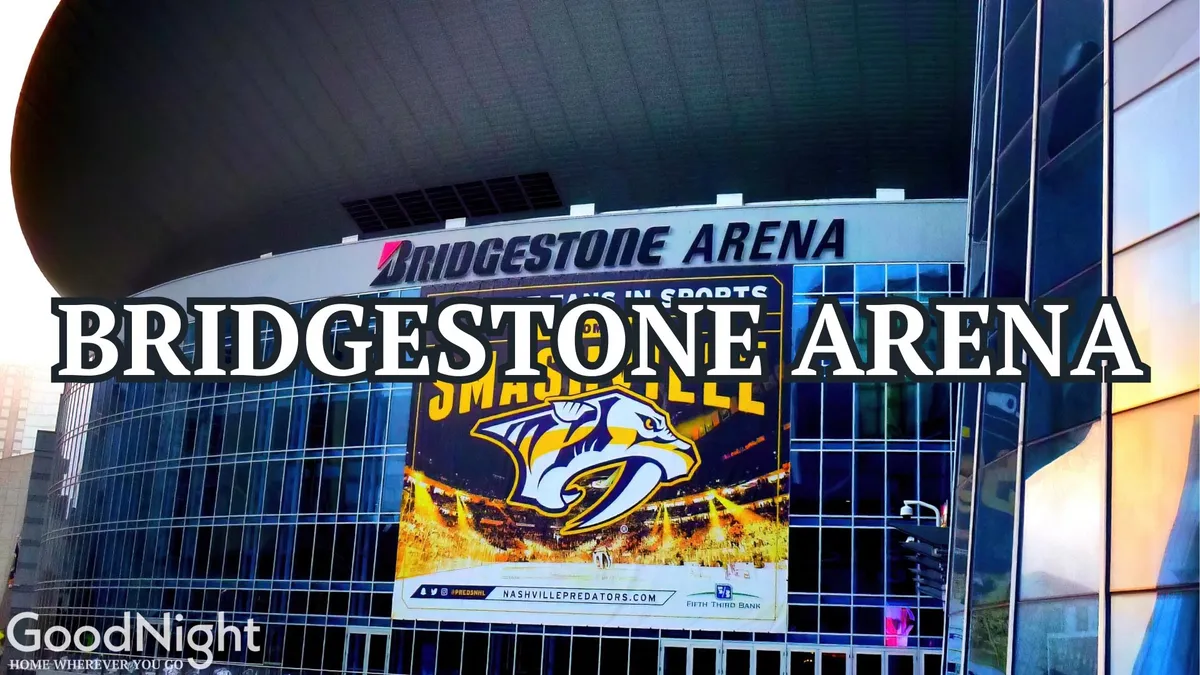 This image spotlights the Bridgestone Arena sign, adorned with a Nashville Predators banner and framed by expansive glass windows. The bustling exterior hints at the excitement of live music concerts, sports events, and large-scale gatherings that are central to the local entertainment scene.