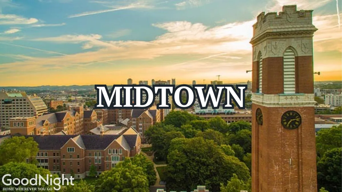 A picturesque city square with a tall clock tower, lush green trees, and historic buildings in the background. The scene evokes a sense of nostalgia and romance, ideal for evening strolls and sunset views.